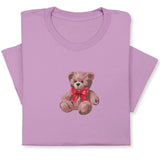 Cute Bear Embroidered T-Shirt, Cute Plush Toy Design, Red Bow Gift Shirt, Soft Aesthetic Tee for Her, Whimsical Embroidery, Cozy Outfit Idea