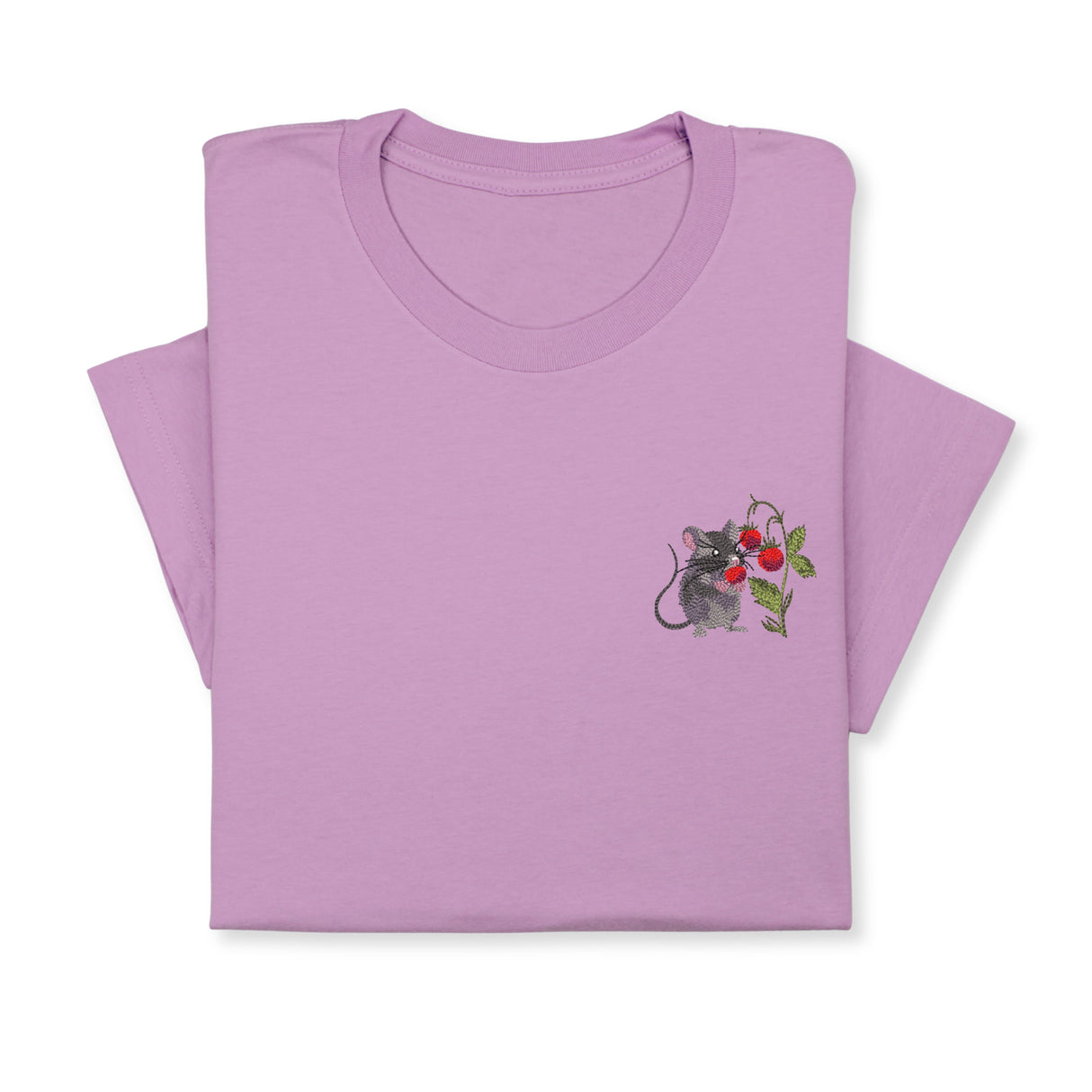 Mouse & Berry Embroidered T-Shirt, Cute Garden Animal Tee, Whimsical Nature Shirt, Funny Rodent Embroidery Gift for Her & Him