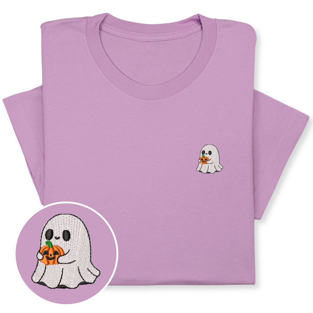 Halloween Ghost T-Shirt with Pumpkin, Cute Spooky Embroidered Tee for Fall & Halloween Season