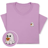 Halloween Ghost T-Shirt with Pumpkin, Cute Spooky Embroidered Tee for Fall & Halloween Season