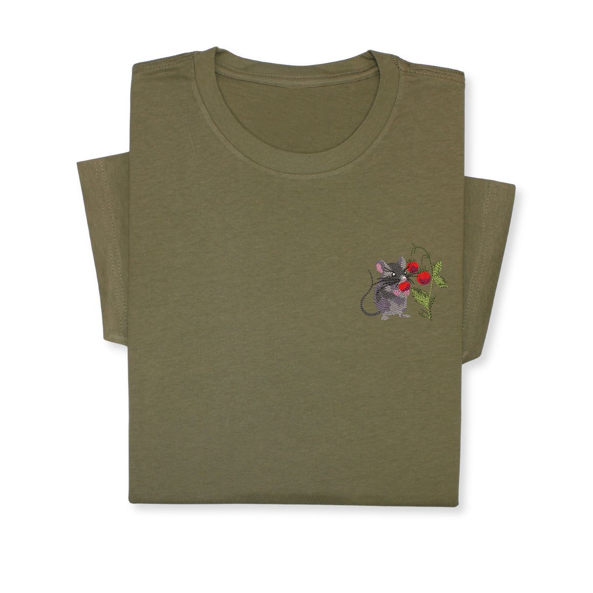 Mouse & Berry Embroidered T-Shirt, Cute Garden Animal Tee, Whimsical Nature Shirt, Funny Rodent Embroidery Gift for Her & Him