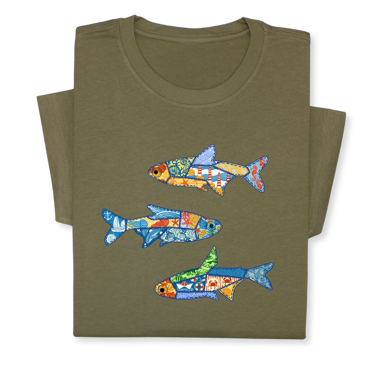 Colorful Fish Printed T-Shirt – Nautical Ocean Patchwork Tee, Sea Life Coastal Gift, Unique Marine-Inspired Beach Shirt, Unisex Summer Outfit