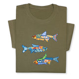 Colorful Fish Printed T-Shirt – Nautical Ocean Patchwork Tee, Sea Life Coastal Gift, Unique Marine-Inspired Beach Shirt, Unisex Summer Outfit