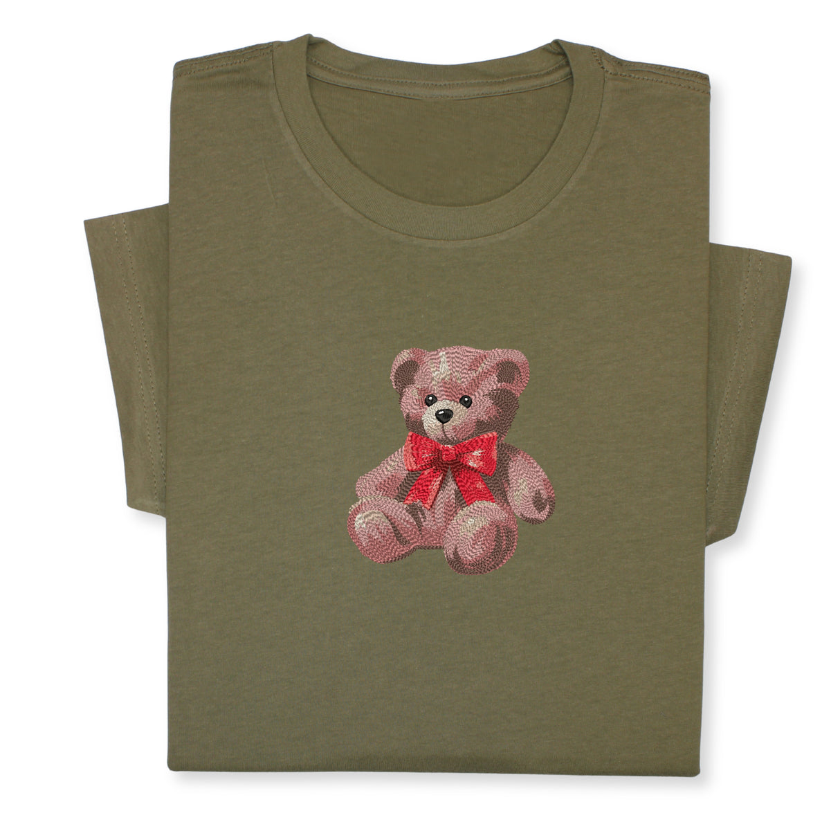 Cute Bear Embroidered T-Shirt, Cute Plush Toy Design, Red Bow Gift Shirt, Soft Aesthetic Tee for Her, Whimsical Embroidery, Cozy Outfit Idea