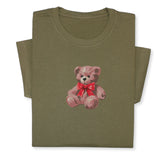 Cute Bear Embroidered T-Shirt, Cute Plush Toy Design, Red Bow Gift Shirt, Soft Aesthetic Tee for Her, Whimsical Embroidery, Cozy Outfit Idea