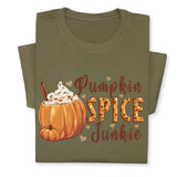 Pumpkin Spice Junkie Fall T-Shirt – Cute Autumn Latte Print, Cozy Pumpkin Drink Tee, Pumpkin Lover Gift, Thanksgiving Season Shirt