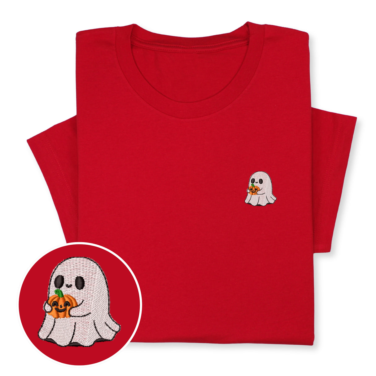 Halloween Ghost T-Shirt with Pumpkin, Cute Spooky Embroidered Tee for Fall & Halloween Season