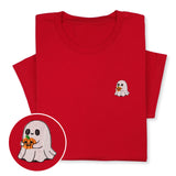 Halloween Ghost T-Shirt with Pumpkin, Cute Spooky Embroidered Tee for Fall & Halloween Season