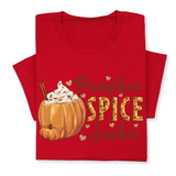 Pumpkin Spice Junkie Fall T-Shirt – Cute Autumn Latte Print, Cozy Pumpkin Drink Tee, Pumpkin Lover Gift, Thanksgiving Season Shirt