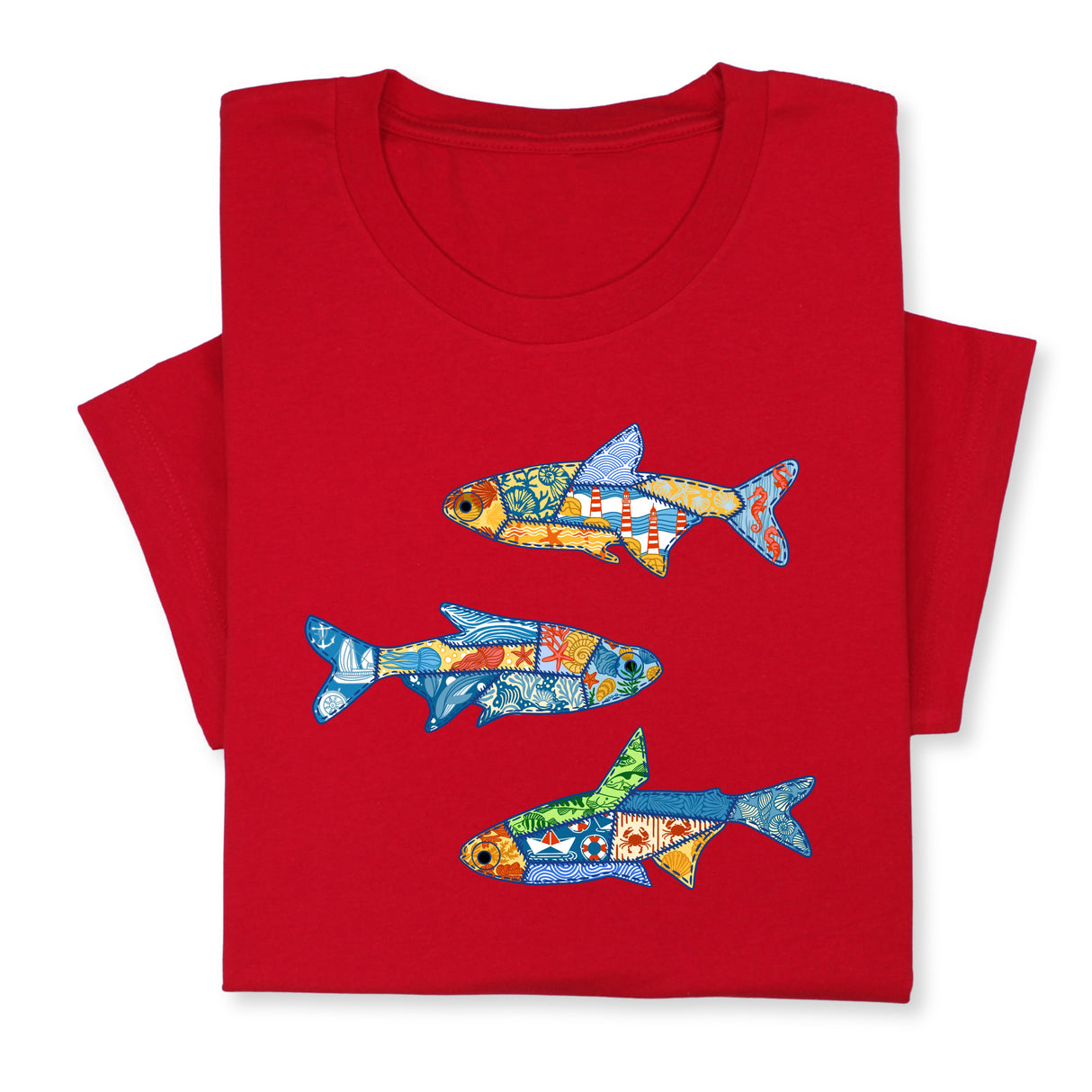 Colorful Fish Printed T-Shirt – Nautical Ocean Patchwork Tee, Sea Life Coastal Gift, Unique Marine-Inspired Beach Shirt, Unisex Summer Outfit