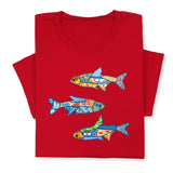 Colorful Fish Printed T-Shirt – Nautical Ocean Patchwork Tee, Sea Life Coastal Gift, Unique Marine-Inspired Beach Shirt, Unisex Summer Outfit