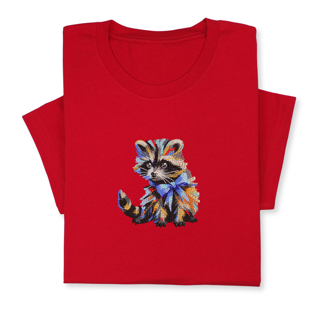 Colorful Raccoon Embroidered T-Shirt, Whimsical Animal Design Tee, Cute Pet Lover Gift, Fun Nature Inspired Shirt, Playful Bowtie Aesthetic