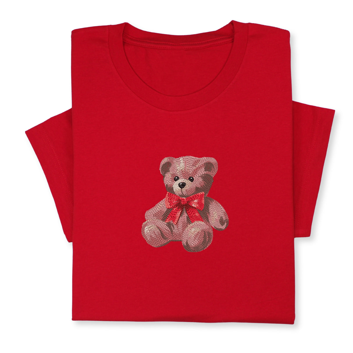 Cute Bear Embroidered T-Shirt, Cute Plush Toy Design, Red Bow Gift Shirt, Soft Aesthetic Tee for Her, Whimsical Embroidery, Cozy Outfit Idea