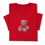 Cute Bear Embroidered T-Shirt, Cute Plush Toy Design, Red Bow Gift Shirt, Soft Aesthetic Tee for Her, Whimsical Embroidery, Cozy Outfit Idea