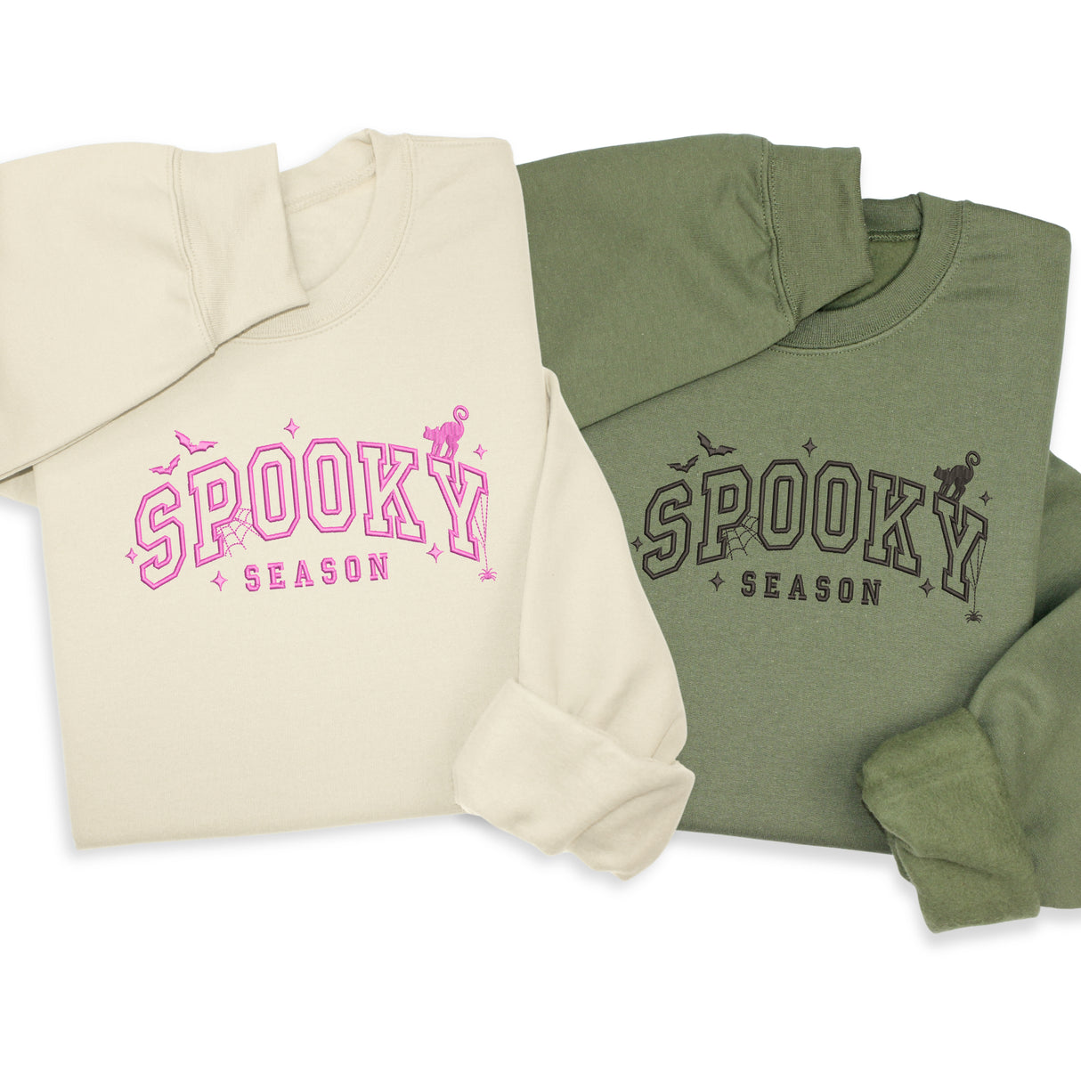 Spooky Season Embroidered Hoodie & Sweatshirt – Halloween Pullover, Cozy Fall Layer with Cat, Bats & Webs, Unisex October Gift