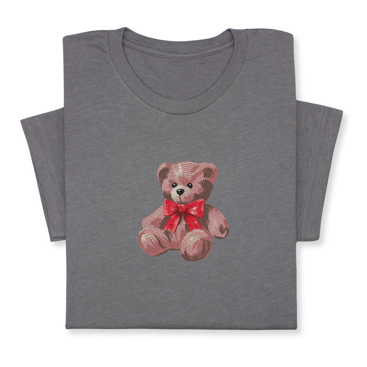 Cute Bear Embroidered T-Shirt, Cute Plush Toy Design, Red Bow Gift Shirt, Soft Aesthetic Tee for Her, Whimsical Embroidery, Cozy Outfit Idea