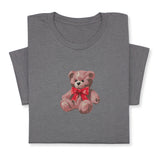 Cute Bear Embroidered T-Shirt, Cute Plush Toy Design, Red Bow Gift Shirt, Soft Aesthetic Tee for Her, Whimsical Embroidery, Cozy Outfit Idea