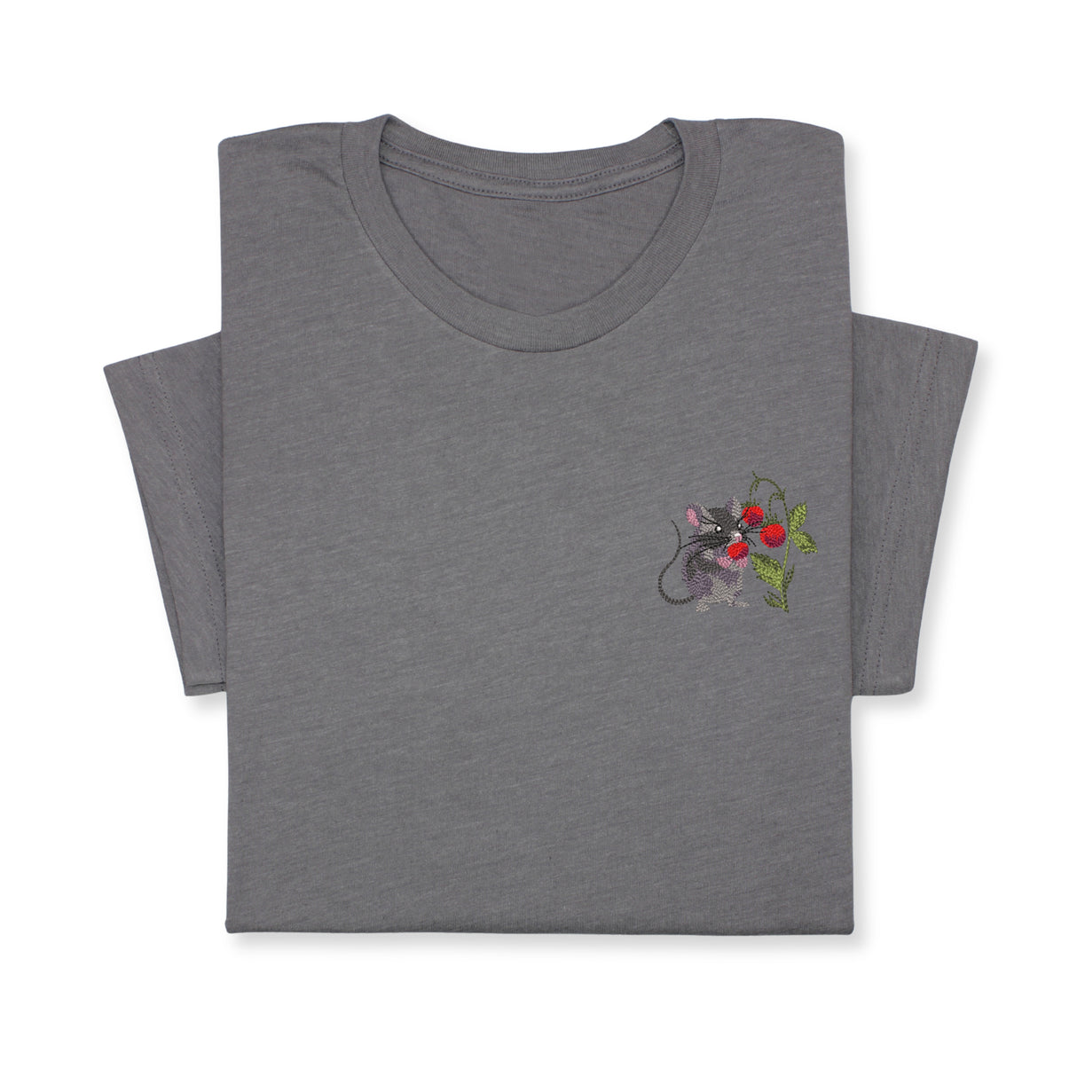 Mouse & Berry Embroidered T-Shirt, Cute Garden Animal Tee, Whimsical Nature Shirt, Funny Rodent Embroidery Gift for Her & Him