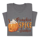 Pumpkin Spice Junkie Fall T-Shirt – Cute Autumn Latte Print, Cozy Pumpkin Drink Tee, Pumpkin Lover Gift, Thanksgiving Season Shirt