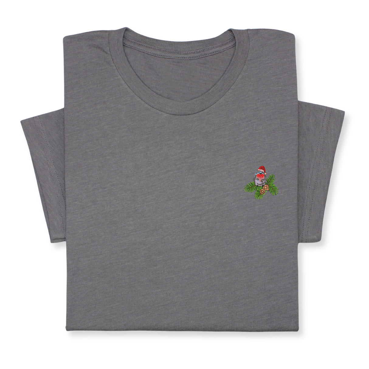 Christmas Bird Embroidered T-Shirt, Festive Robin Tee with Santa Hat, Cute Holiday Nature Shirt, Cozy Minimalist Xmas Gift for Bird Lovers