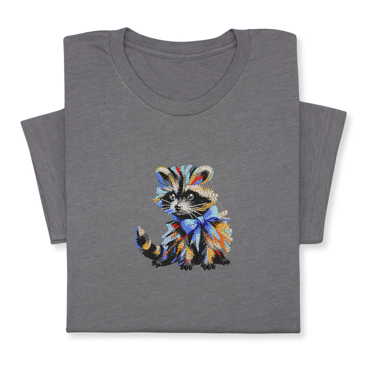 Colorful Raccoon Embroidered T-Shirt, Whimsical Animal Design Tee, Cute Pet Lover Gift, Fun Nature Inspired Shirt, Playful Bowtie Aesthetic