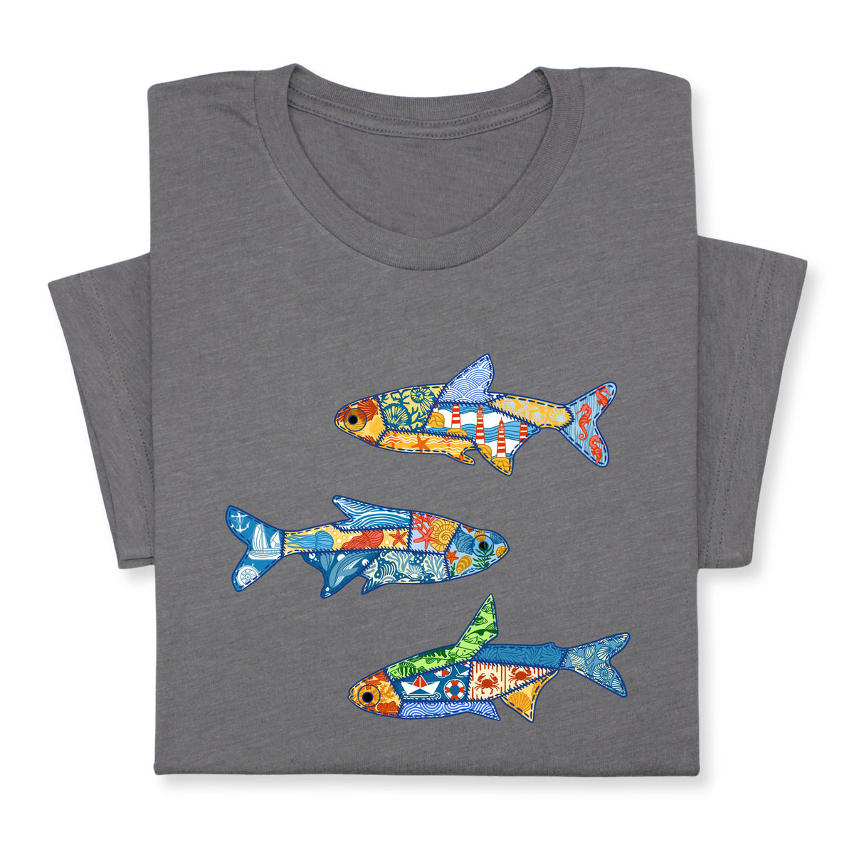 Colorful Fish Printed T-Shirt – Nautical Ocean Patchwork Tee, Sea Life Coastal Gift, Unique Marine-Inspired Beach Shirt, Unisex Summer Outfit