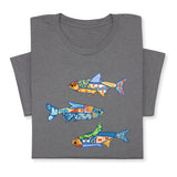 Colorful Fish Printed T-Shirt – Nautical Ocean Patchwork Tee, Sea Life Coastal Gift, Unique Marine-Inspired Beach Shirt, Unisex Summer Outfit