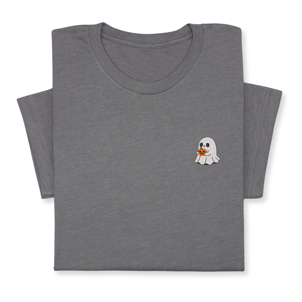 Halloween Ghost T-Shirt with Pumpkin, Cute Spooky Embroidered Tee for Fall & Halloween Season