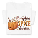 Pumpkin Spice Junkie Fall T-Shirt – Cute Autumn Latte Print, Cozy Pumpkin Drink Tee, Pumpkin Lover Gift, Thanksgiving Season Shirt