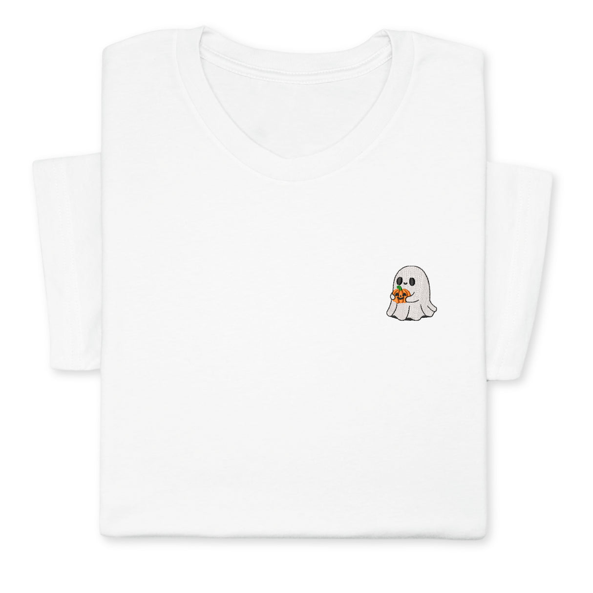 Halloween Ghost T-Shirt with Pumpkin, Cute Spooky Embroidered Tee for Fall & Halloween Season