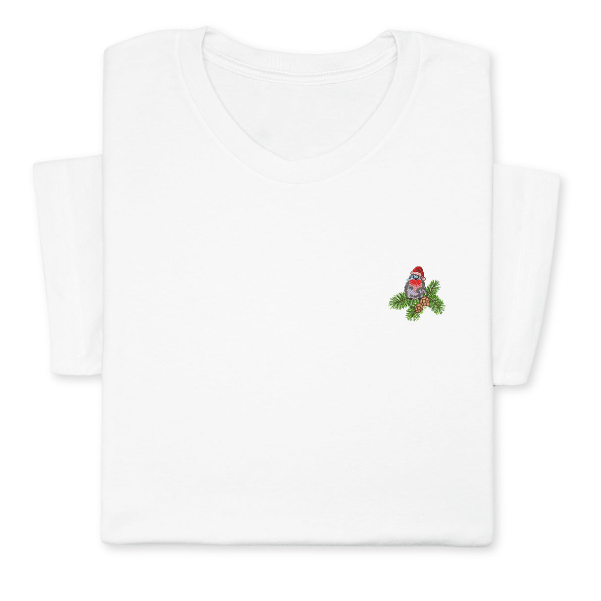 Christmas Bird Embroidered T-Shirt, Festive Robin Tee with Santa Hat, Cute Holiday Nature Shirt, Cozy Minimalist Xmas Gift for Bird Lovers