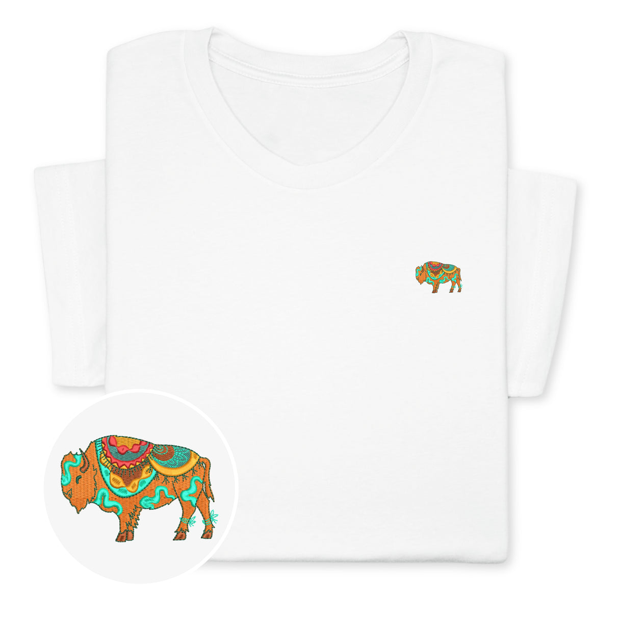 Colorful Bison Embroidered T-Shirt, Boho Western Buffalo Tee, Native American Style Shirt, Cowgirl Gift, Tribal Animal Design