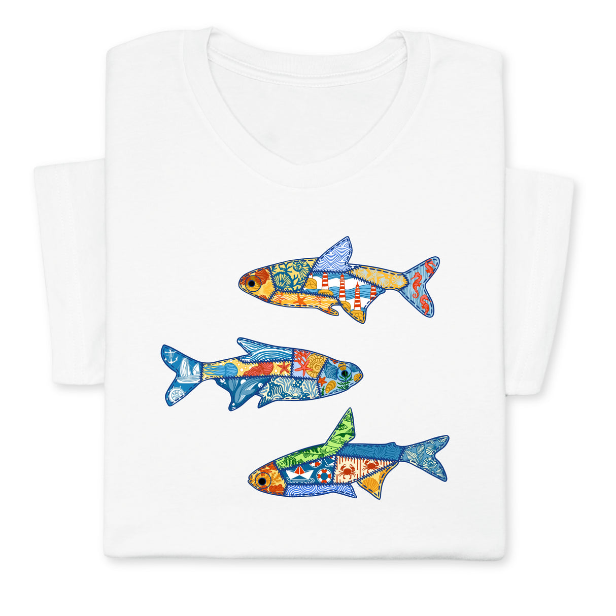 Colorful Fish Printed T-Shirt – Nautical Ocean Patchwork Tee, Sea Life Coastal Gift, Unique Marine-Inspired Beach Shirt, Unisex Summer Outfit