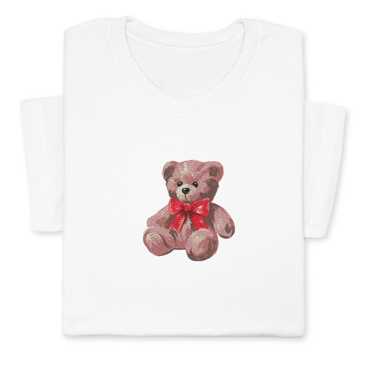 Cute Bear Embroidered T-Shirt, Cute Plush Toy Design, Red Bow Gift Shirt, Soft Aesthetic Tee for Her, Whimsical Embroidery, Cozy Outfit Idea