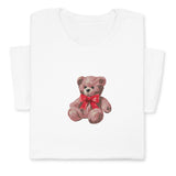 Cute Bear Embroidered T-Shirt, Cute Plush Toy Design, Red Bow Gift Shirt, Soft Aesthetic Tee for Her, Whimsical Embroidery, Cozy Outfit Idea