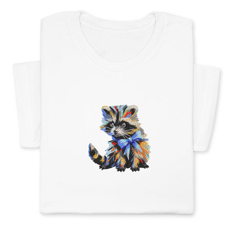 Colorful Raccoon Embroidered T-Shirt, Whimsical Animal Design Tee, Cute Pet Lover Gift, Fun Nature Inspired Shirt, Playful Bowtie Aesthetic